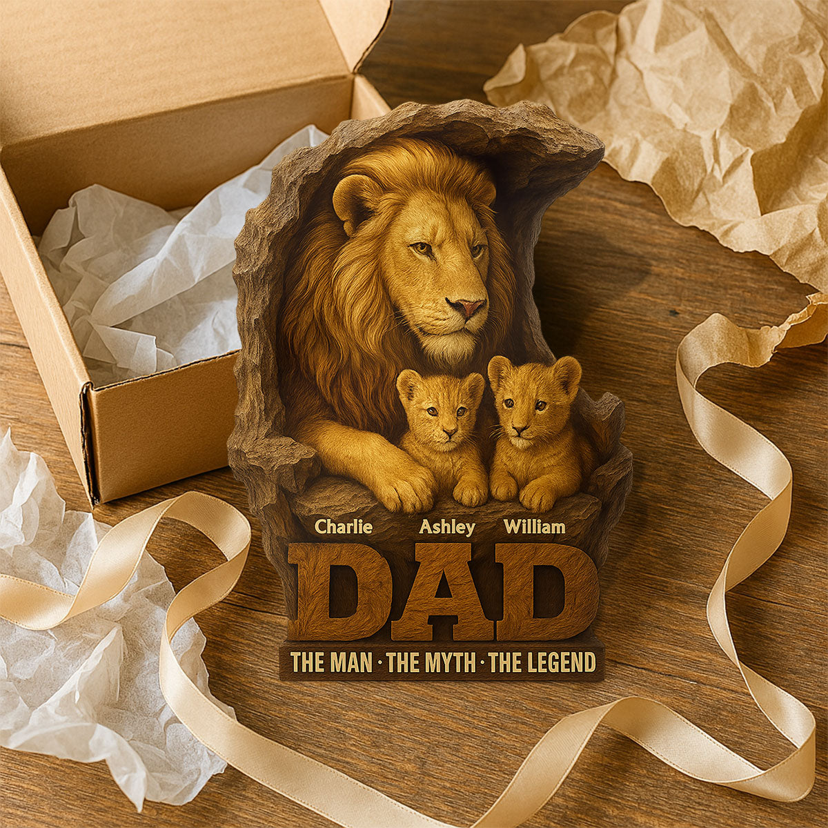 Lion Dad And Kids Personalized Custom Shape Acrylic Block Plaque