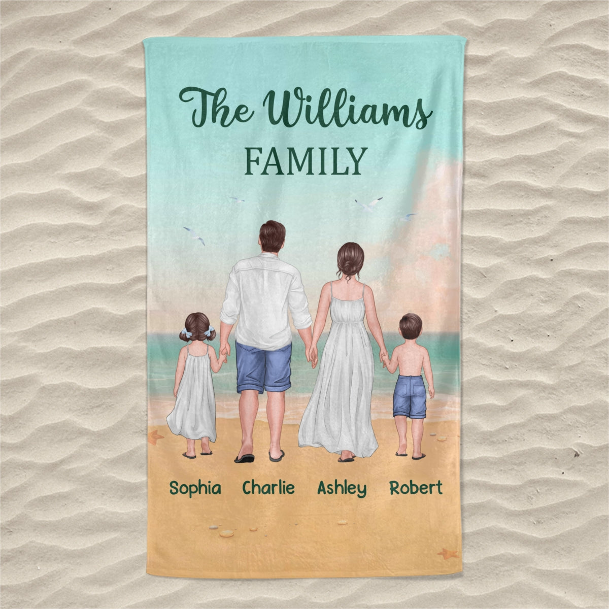 Summer Family Walking Back View Personalized Vertical Beach Towel