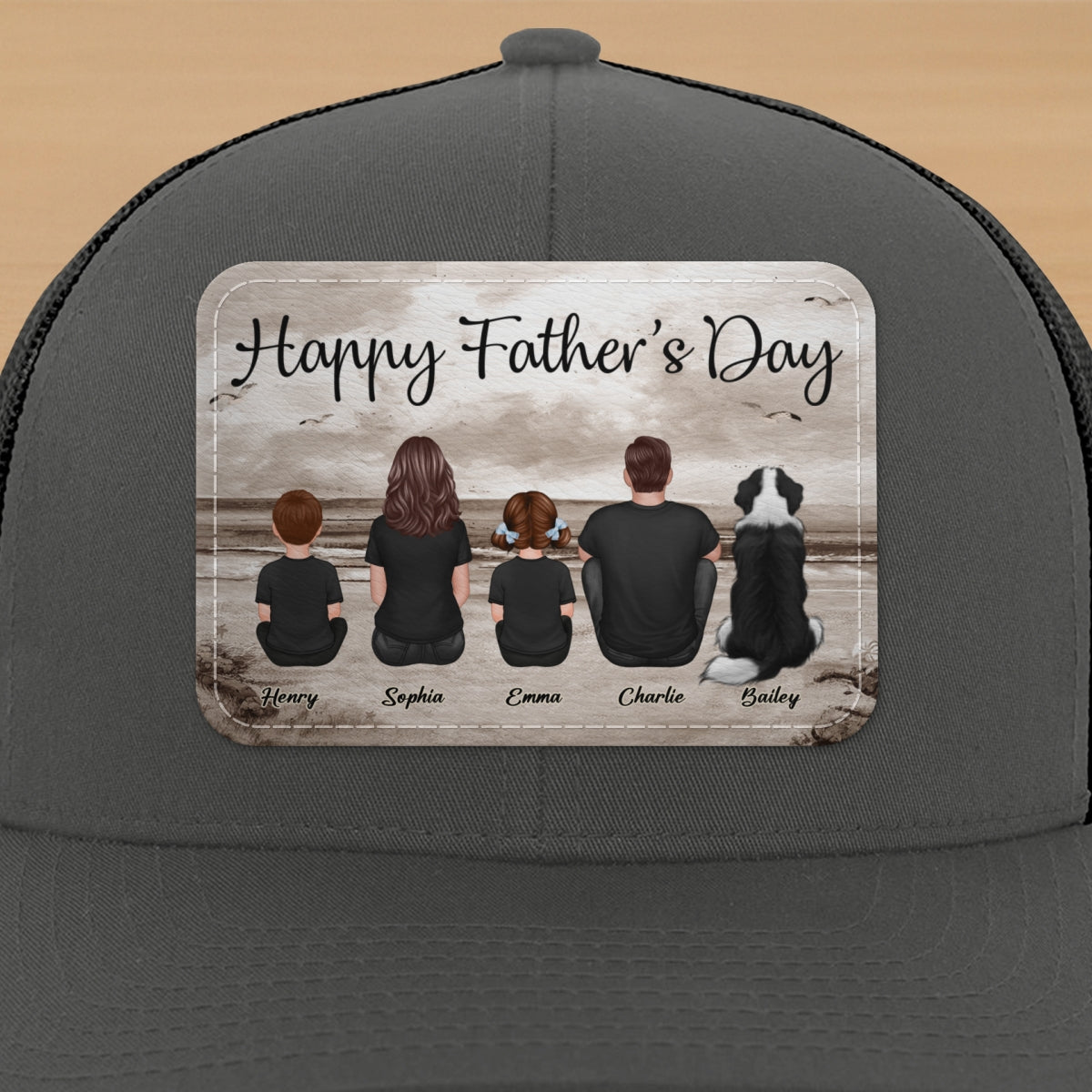 Family Sitting Retro Vintage Beach Landscape Personalized Leather Patch Hat, Gift For Dad