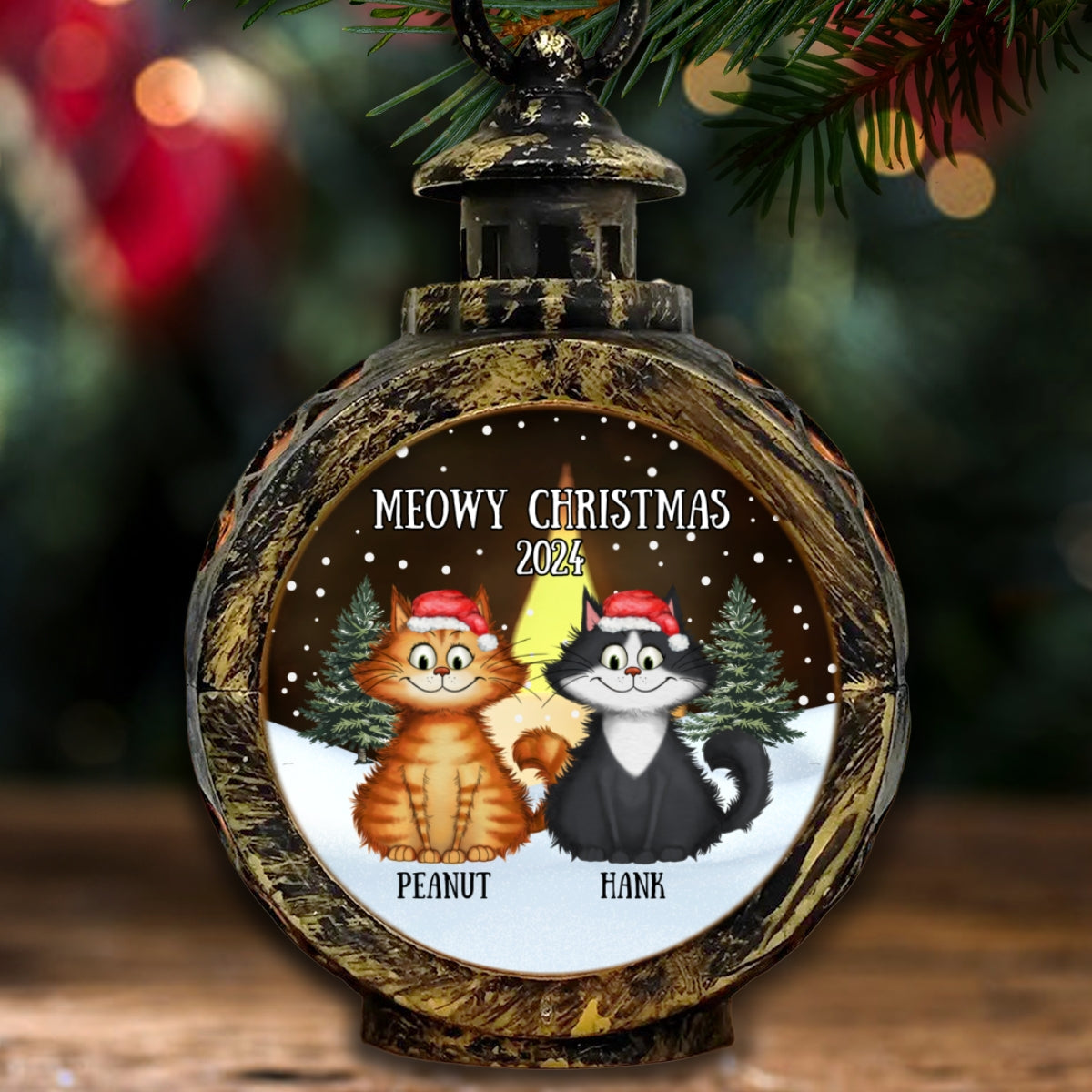 Meowy Christmas Winter Realistic Theme Quirky Cats Personalized Lantern Ornament