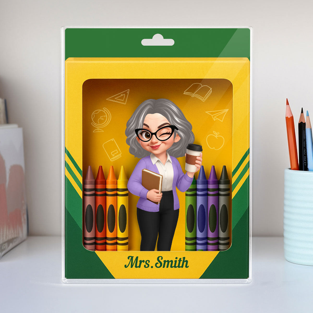 3D Effect Teacher Inside Crayon Box Personalized Acrylic Block, Back To School Gift for Teachers