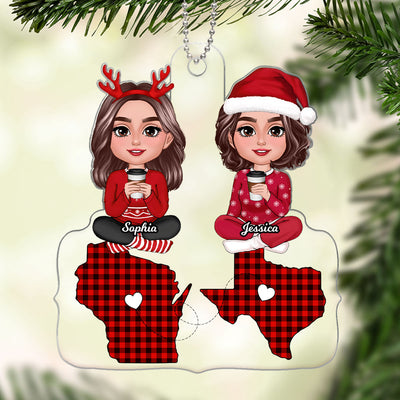Doll Besties Sitting On State Maps Long Distance Friendship Personalized Acrylic Ornament