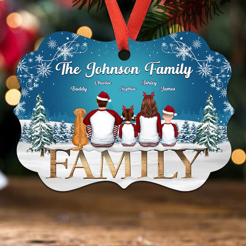 Pajamas Family Sitting On Word Snow Blue Background Personalized Christmas Ornament