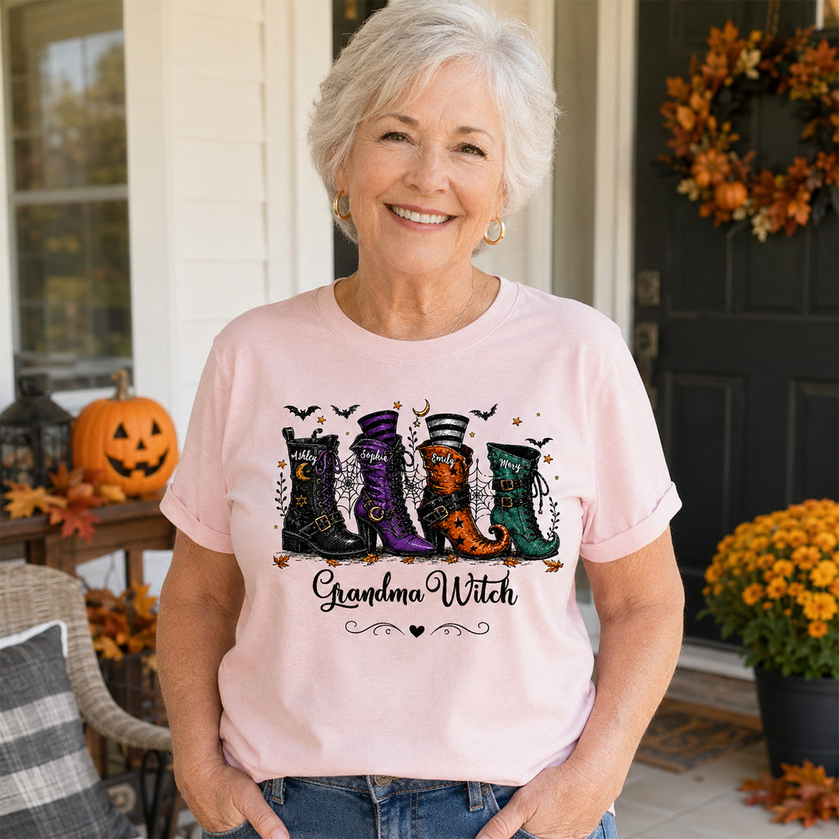 Grandma Witch Boots With Grandkids’ Names – Personalized Shirt – Halloween Gift For Grandma