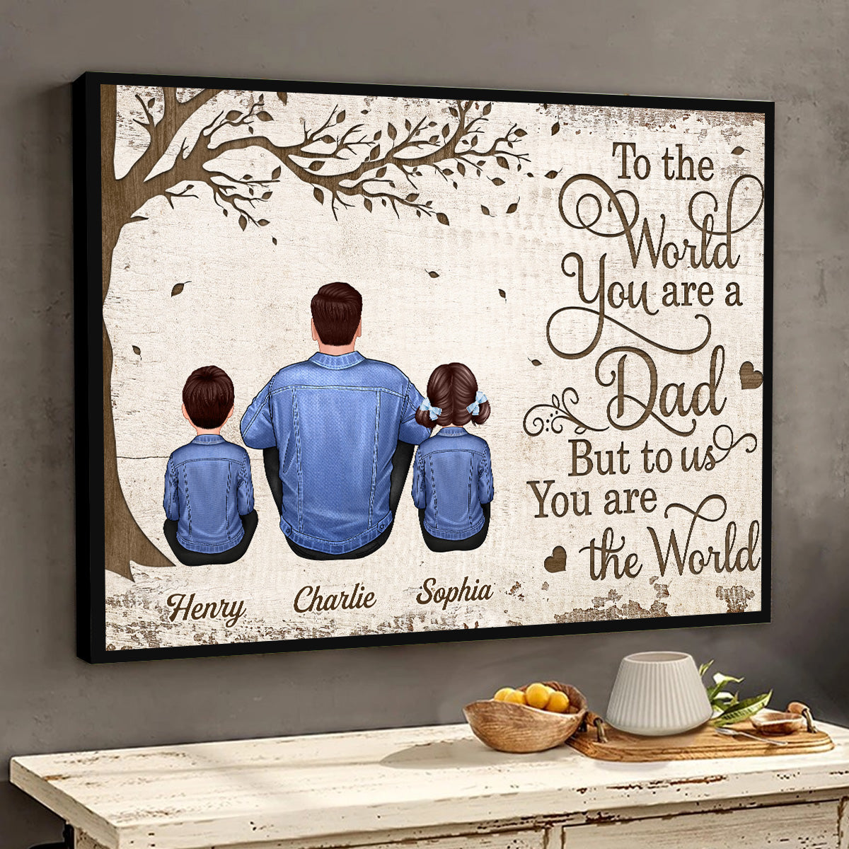 Denim Back View Dad And Kids Dogs Cats Sitting Personalized Horizontal Poster