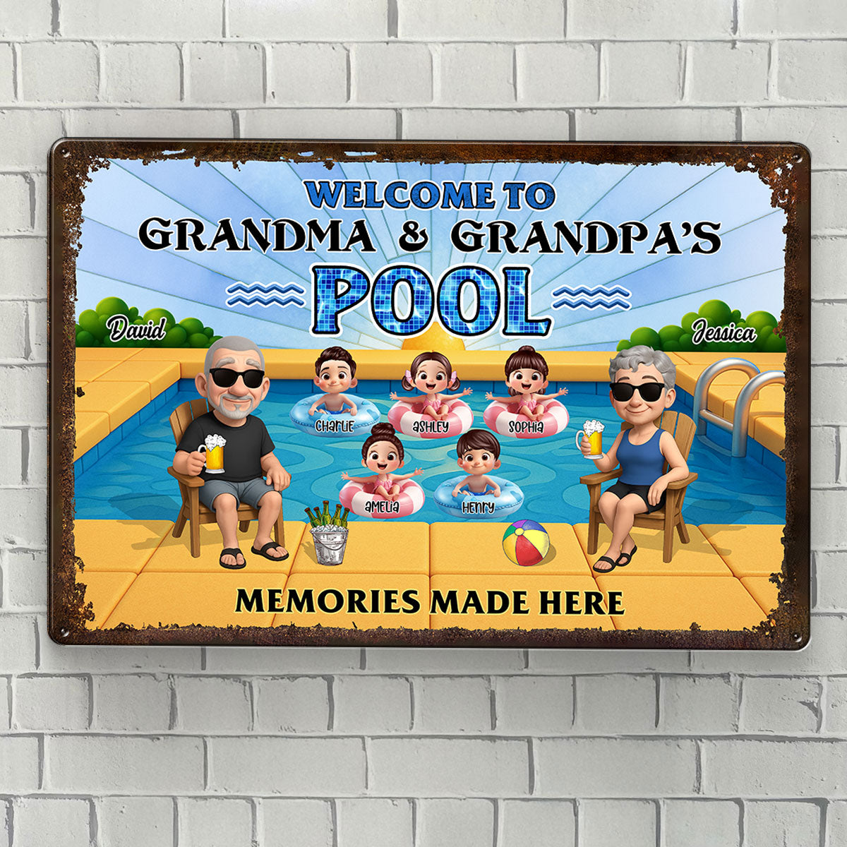 Grandparents Sitting with Grandkids Personalized Metal Sign, Grandparents Hosting Grandkids Summer Swimming Pool Sign