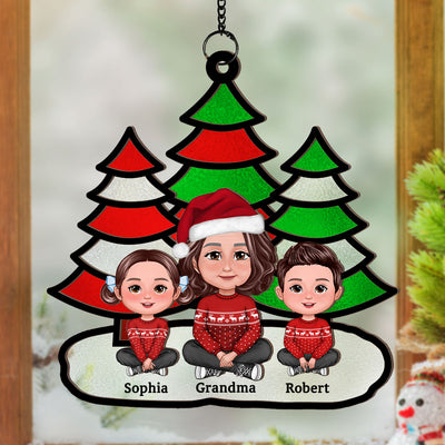 Christmas Trees Grandma Grandkids Sitting Personalized Suncatcher, Christmas Decoration
