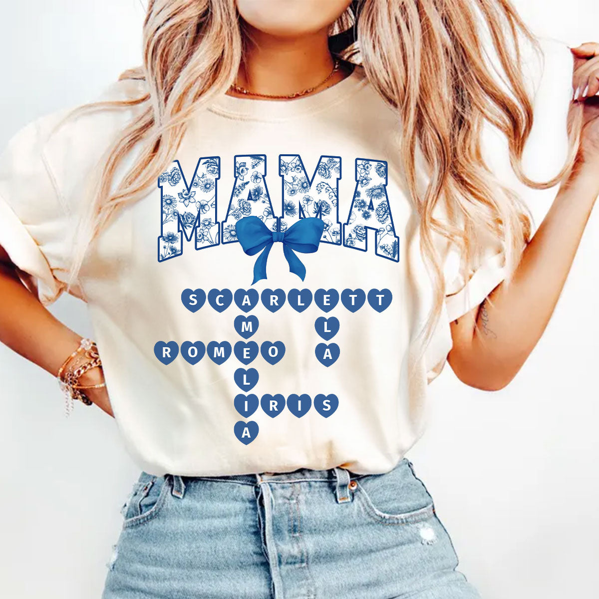 Grandma Mom Mimi Nana Gigi Floral Toile Blue Flower Grandkids Names Crosswords Personalized Shirt