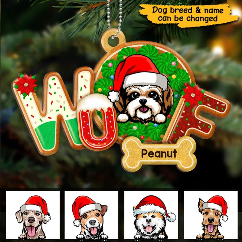 Peeking Dogs Woof Personalized Wooden Ornament