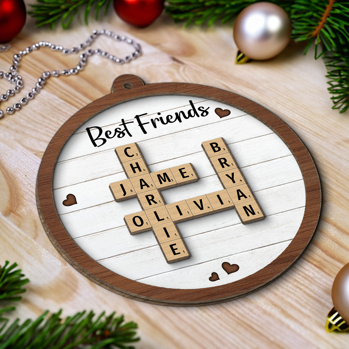Best Friends Crossword Puzzle Art Personalized 2-Layer Wooden Ornament, Christmas Gift For Best Friends, Besties
