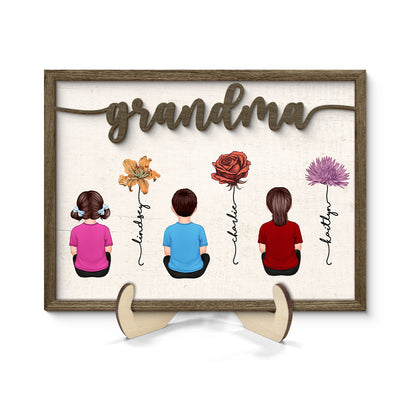 Grandkids Sitting Grandma Garden Vintage Birth Month Flowers Personalized 2-Layer Wooden Plaque