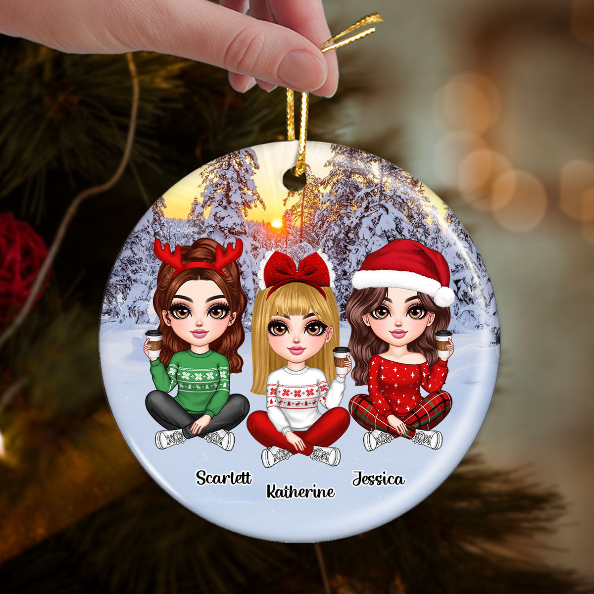 Realistic Winter Scene Besties Sisters Personalized Ceramic Ornament, Christmas Gift for Besties, Sisters, Friends