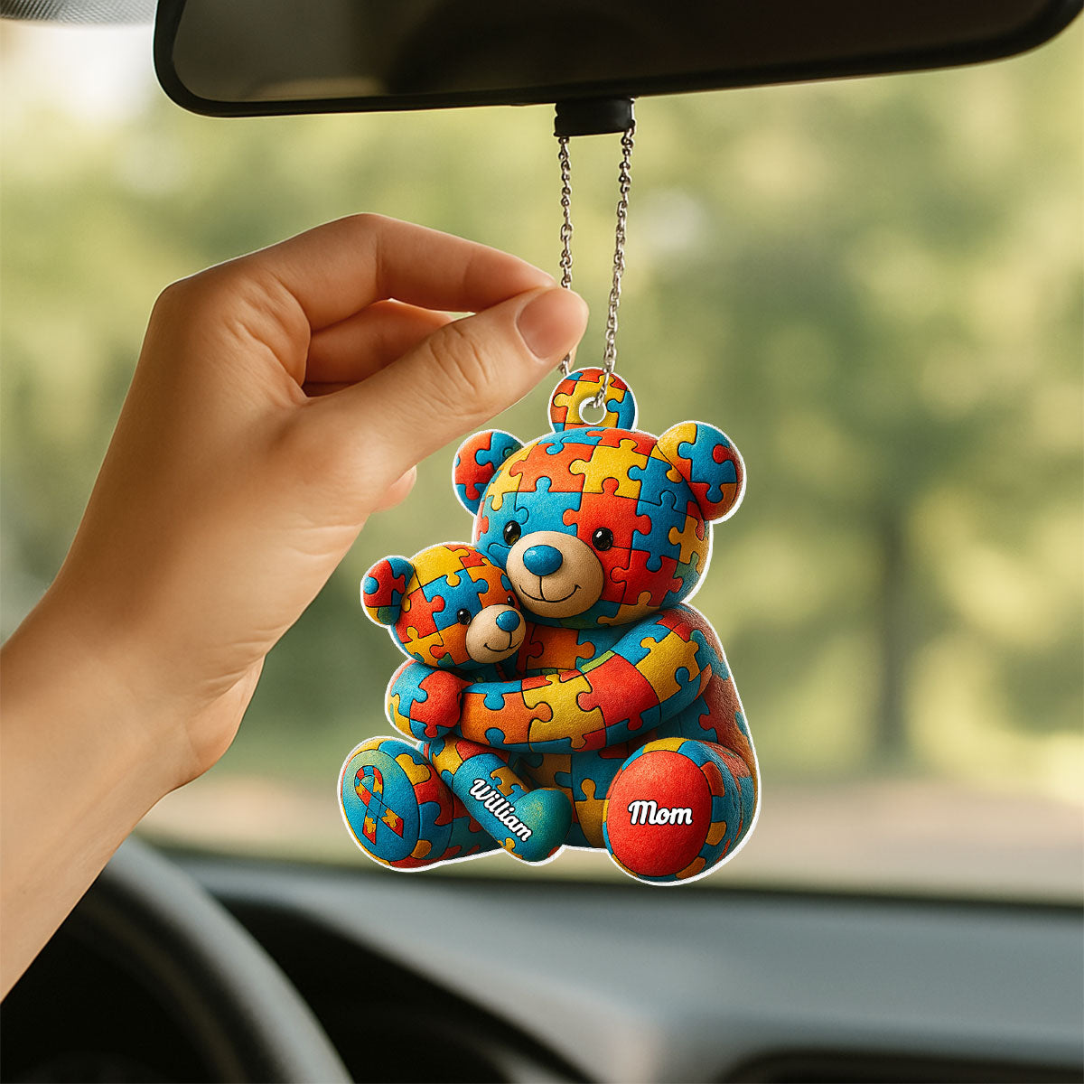 Autism Bear Mom & Kid Autism Awareness Personalized Car Hanger Ornament