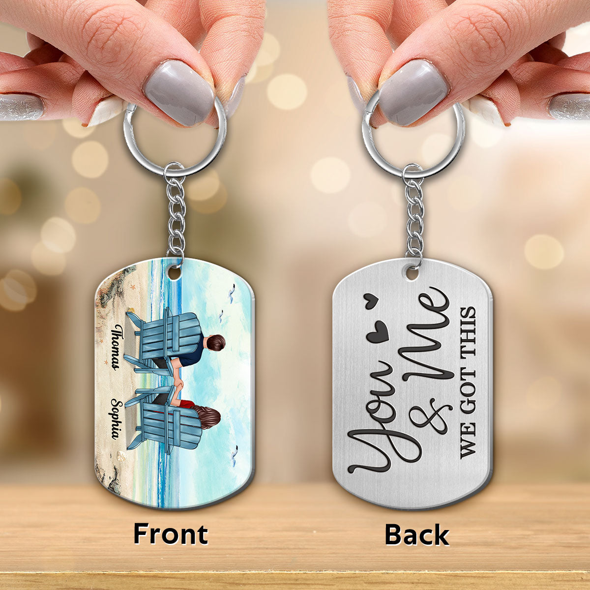 Back View Couple Sitting Beach Landscape Personalized Metal Keychain