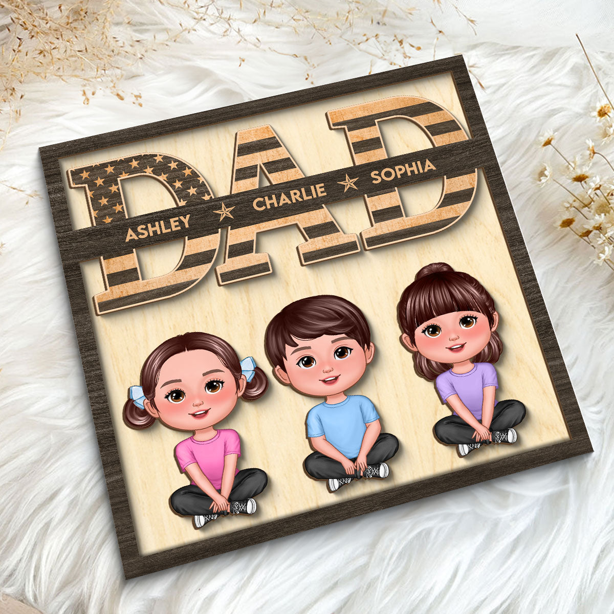 Dad We Love You Nation Flag Cute Children Sitting Crossed Legs Personalized 2-Layer Wooden Plaque