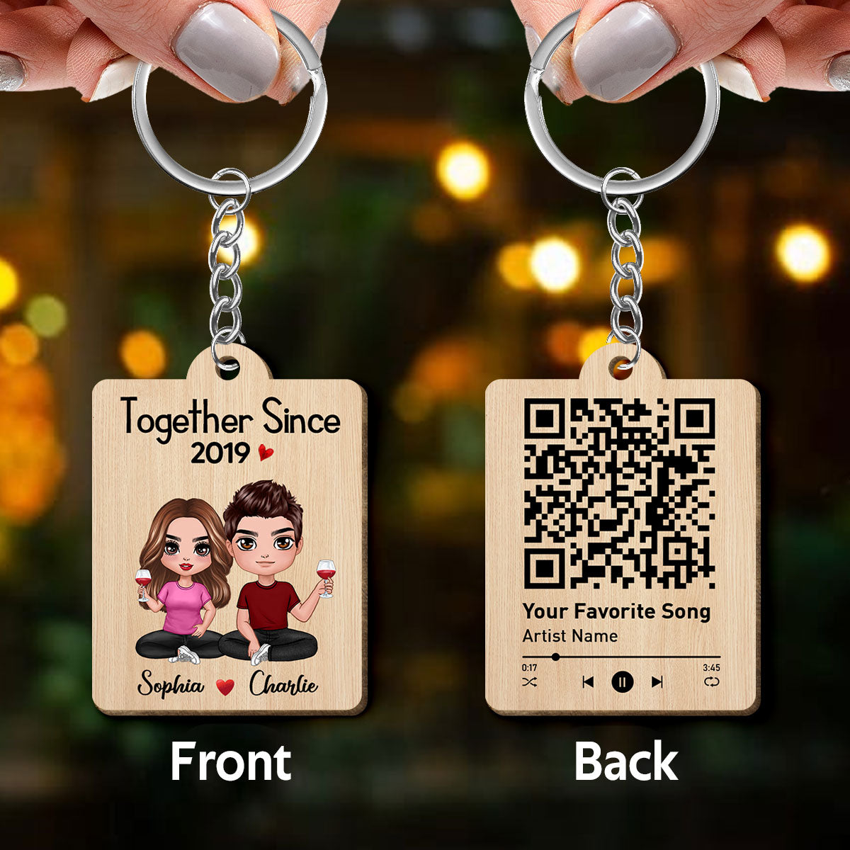 Doll Couple Sitting Favorite Song Scannable QR Code Personalized Wooden Keychain