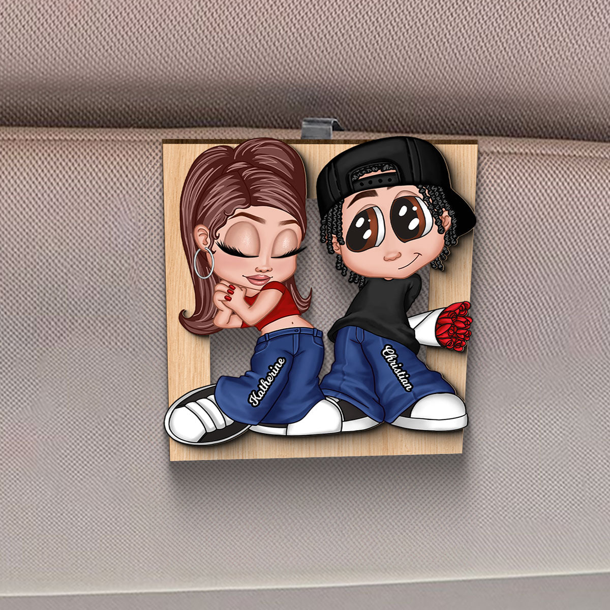 Y2K Couple Frame Personalized 2-layer Wooden Car Visor,  Gift for Him, Gift for Her