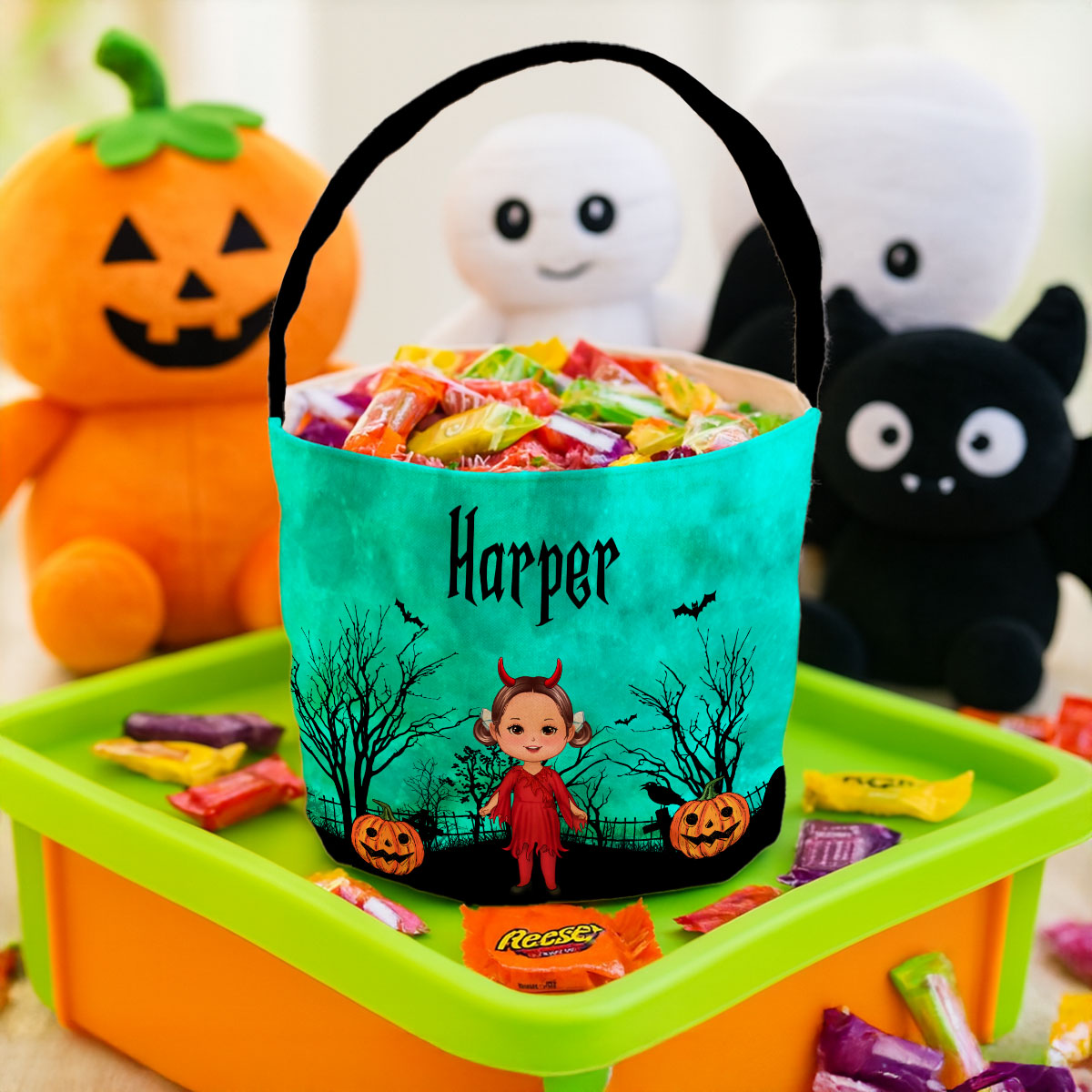 Halloween Character Moon Bat Tree Personalized Trick Or Treat Basket, Halloween Gift For Kids