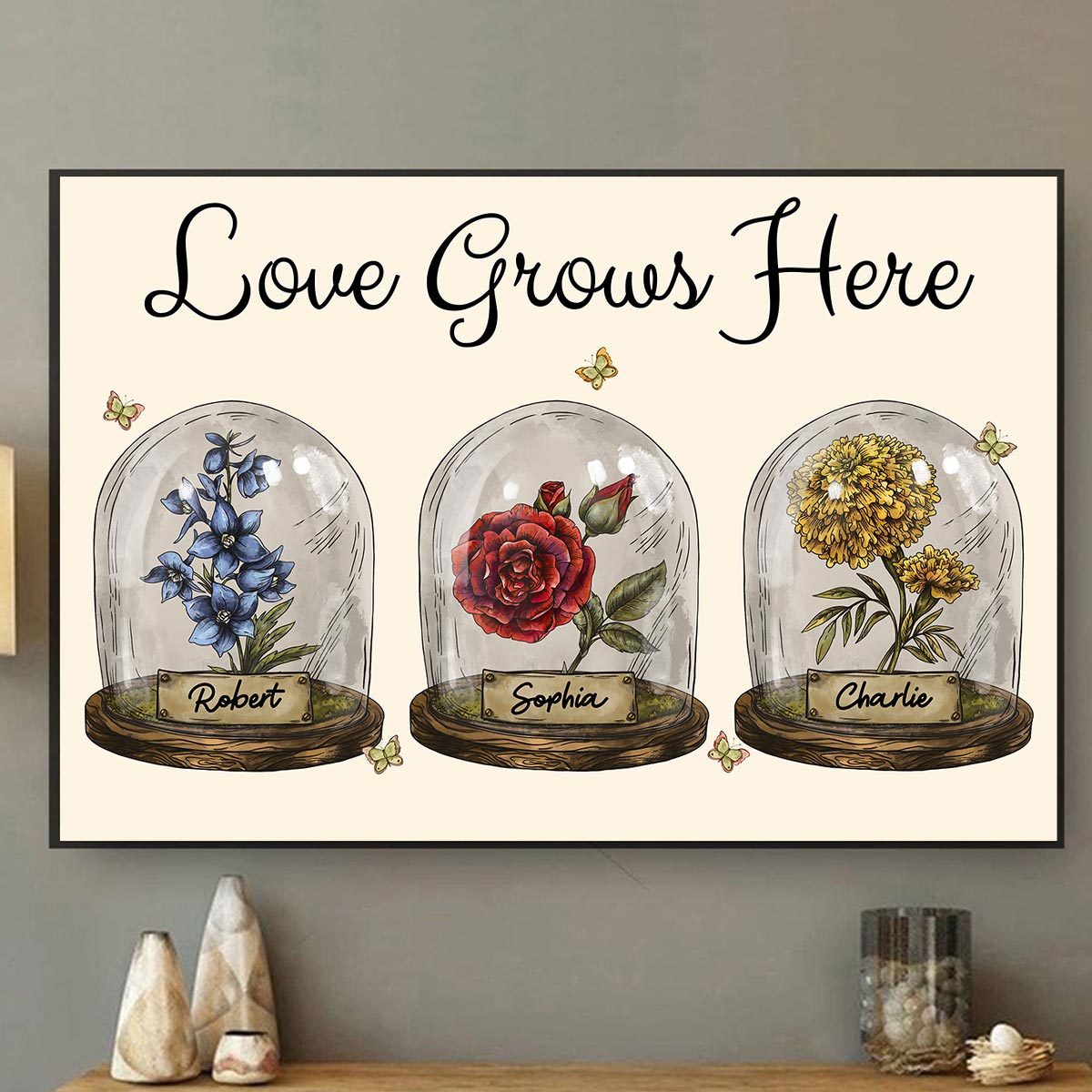 Love Grows Here Vintage Birth Month Flower In Glass Dome Personalized Poster
