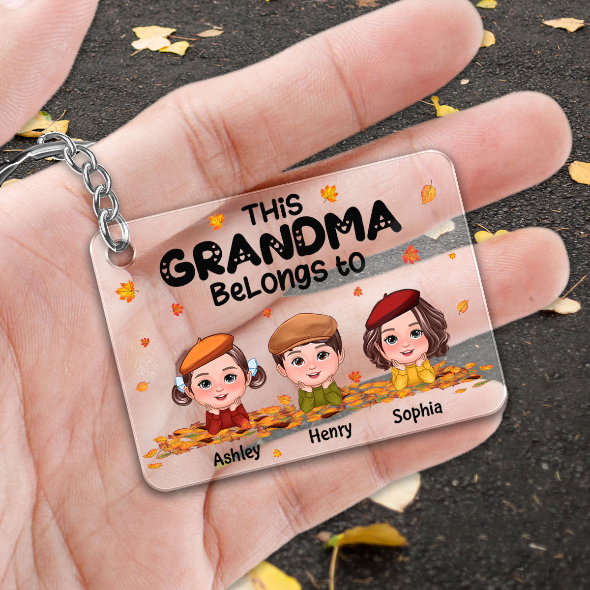 Grandma Mom Belongs To Fall Season Kids Laying On Leaves Personalized Acrylic Keychain