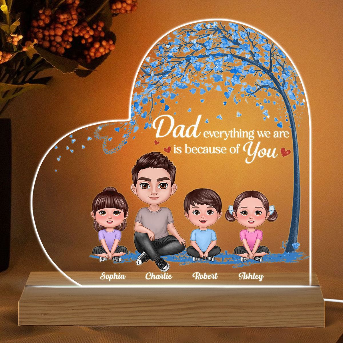 Doll Dad And Kids Under Blue Tree Personalized Warm Acrylic Custom Shape LED Night Light