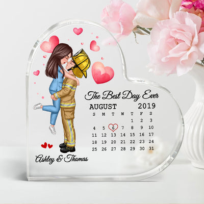 Couple Kissing Hugging Calendar Date Anniversary Valentine‘s Day Gifts by Occupation Gift For Her Gift For Him Firefighter, Nurse, Police Officer Personalized Acrylic Heart Plaque