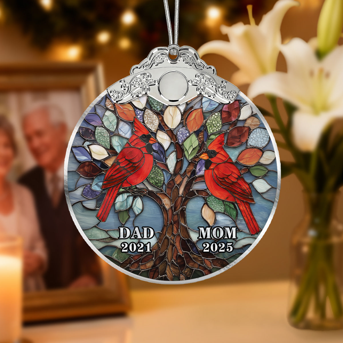 Tree Of Life Cardinals Mom Dad Mosaic Effect - Personalized Glass Ornament With Silver Cap - Christmas Memorial Keepsake For Family