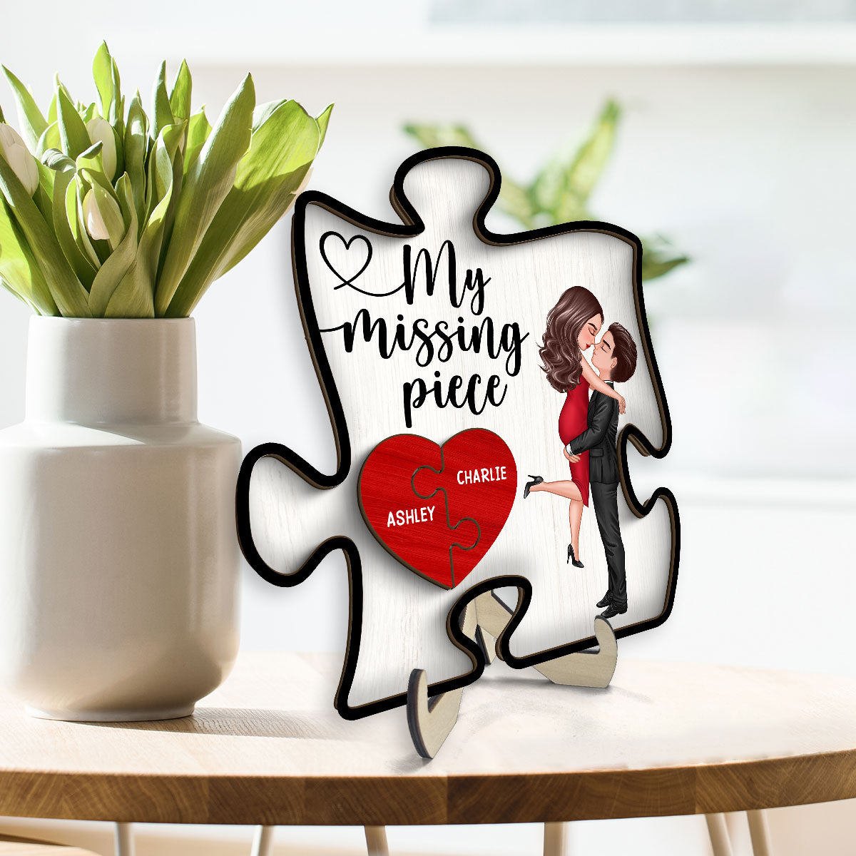 My Missing Piece Couple Hugging Kissing Puzzle Shaped - Personalized 2-Layered Wooden Plaque - Anniversary Gift For Couple, For Dad Mom