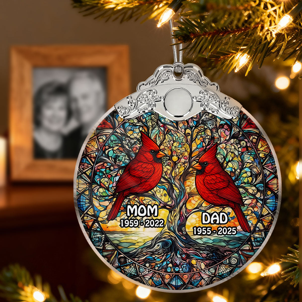 Tree Of Life Cardinal Mom Dad Stained Glass Effect - Personalized Glass Ornament With Silver Cap - Christmas Memorial Keepsake For Family