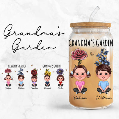 Gift For Grandma Grandma‘s Garden Cute Kids With Beautiful Vintage Birth Flower Behind Personalized Clear Glass Can