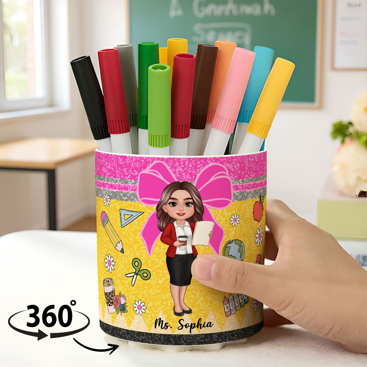 Glitter Coquette Pattern Personalized Rotating Pen Holder, Teacher Appreciation Gift, Back To School Gift