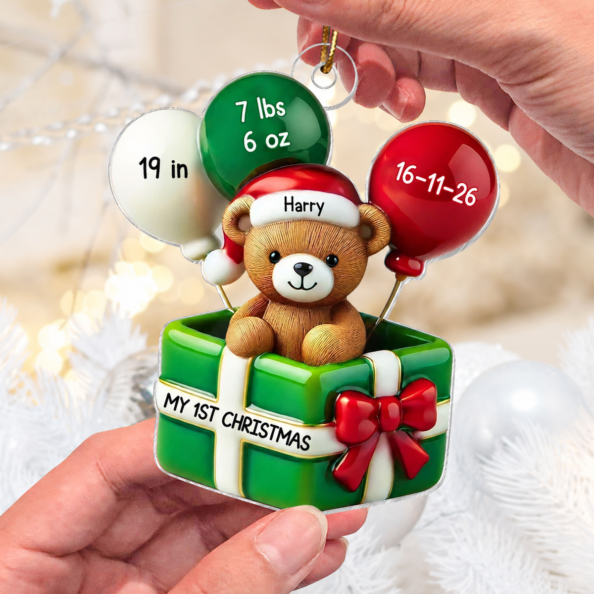 3D Effect Teddy Bear Baby First Christmas Personalized Acrylic Ornament, Newborn Christmas Gift