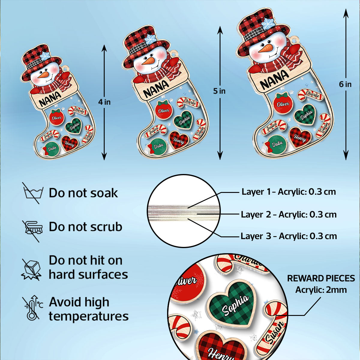 Grandma Snowman Kids In Christmas Socks Personalized Shaker Ornament
