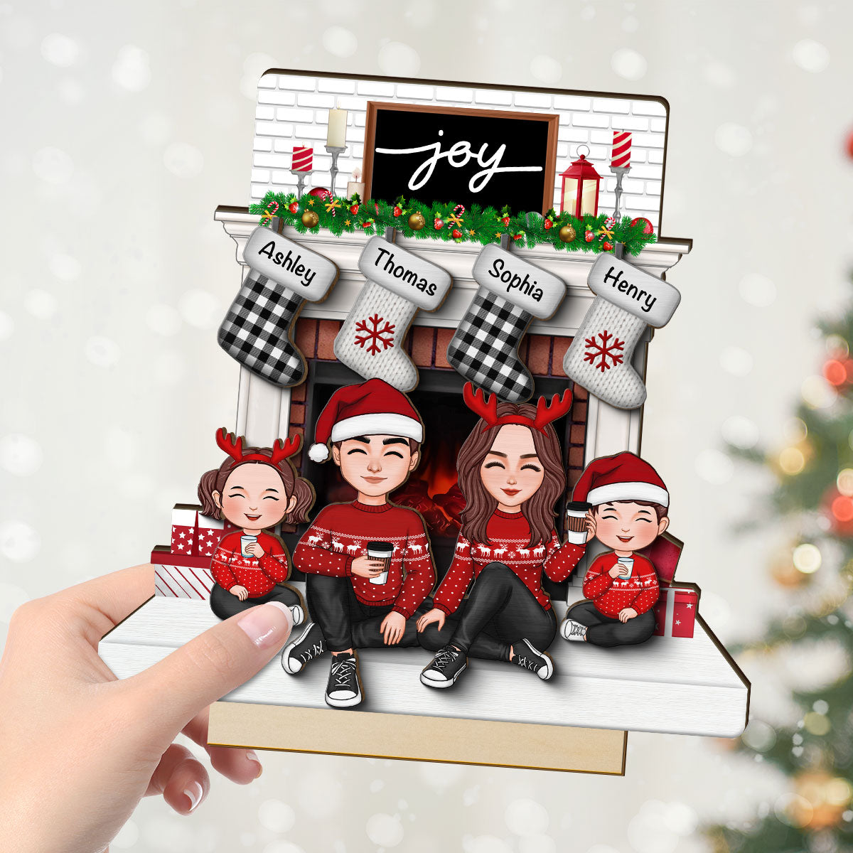 Cute Family Dad Mom Kids Sitting At Christmas Fireplace Personalized 2-Layer Standing Wooden Plaque