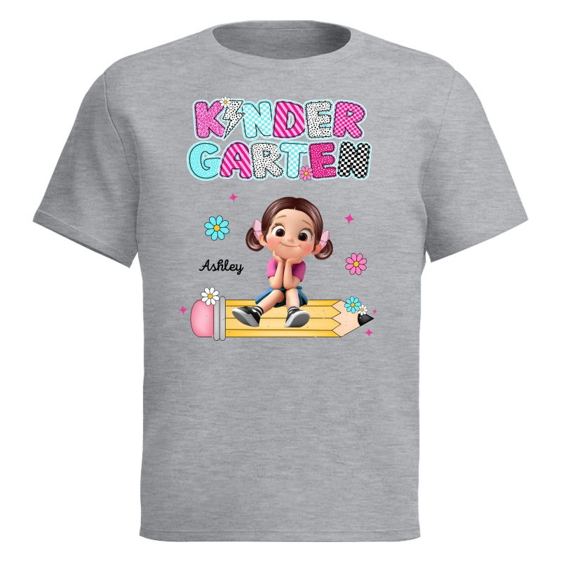 Personalized Kindergarten Tshirt for Girls, Colorful Pencil Pattern Custom Kids Name, Back To School Shirt Toddler, First Day School Outfit
