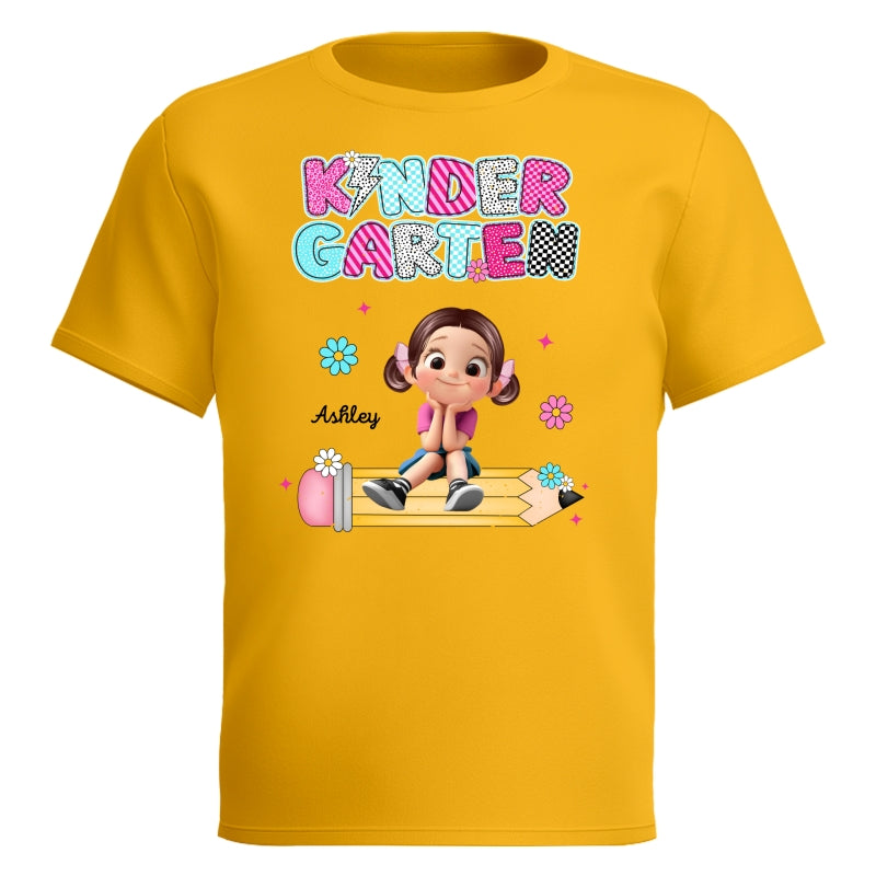 Personalized Kindergarten Tshirt for Girls, Colorful Pencil Pattern Custom Kids Name, Back To School Shirt Toddler, First Day School Outfit