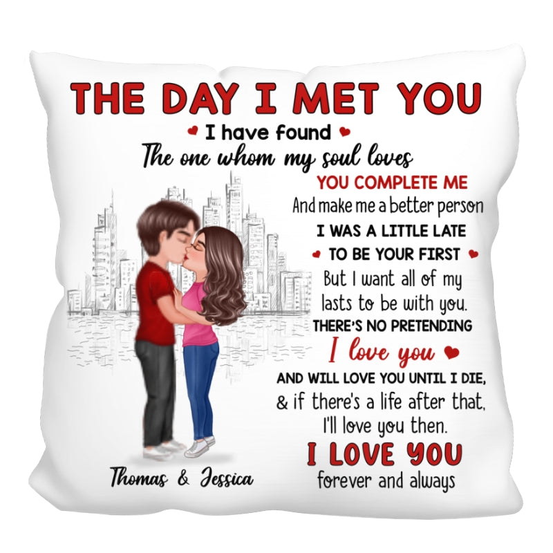 Doll Couple Kissing Skyline The Day I Met You Gift For Him For Her Personalized Pillow