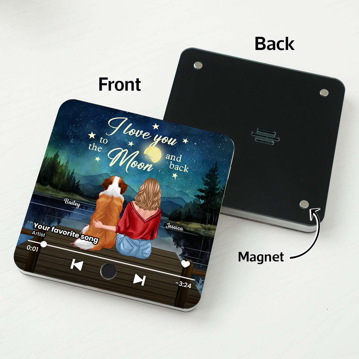 Woman And Dog I Love You To The Moon And Back Personalized Music Fridge Magnet, Heartfelt Gift For Couple, For Him, For Her, Boyfriend, Girlfriend, Husband, Wife