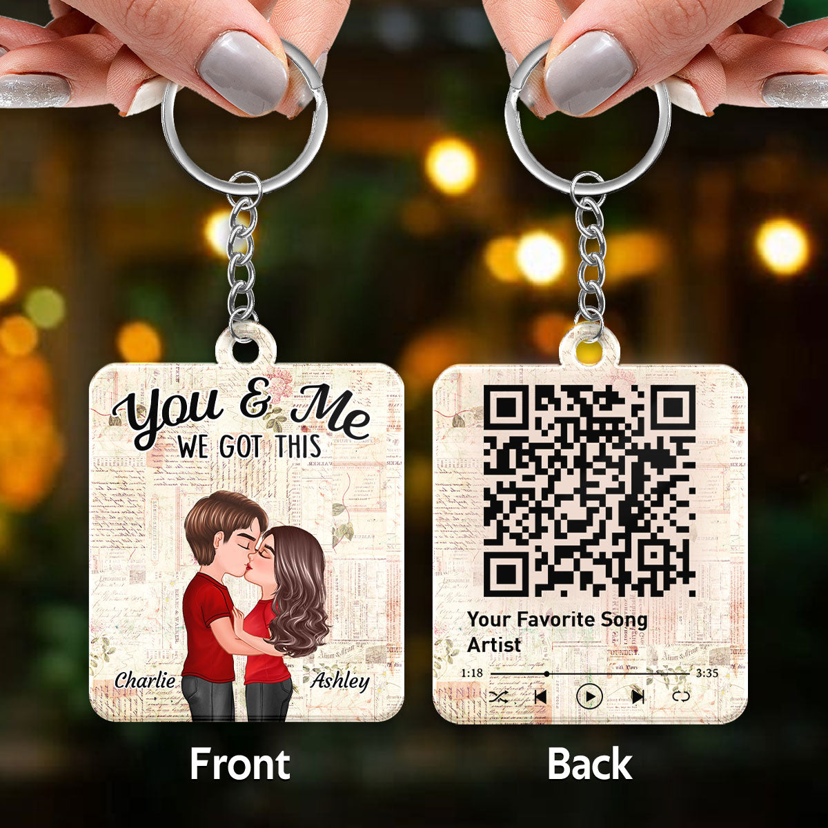 Floral Paper Doll Couple Kissing Favorite Song QR Code Personalized Acrylic Keychain