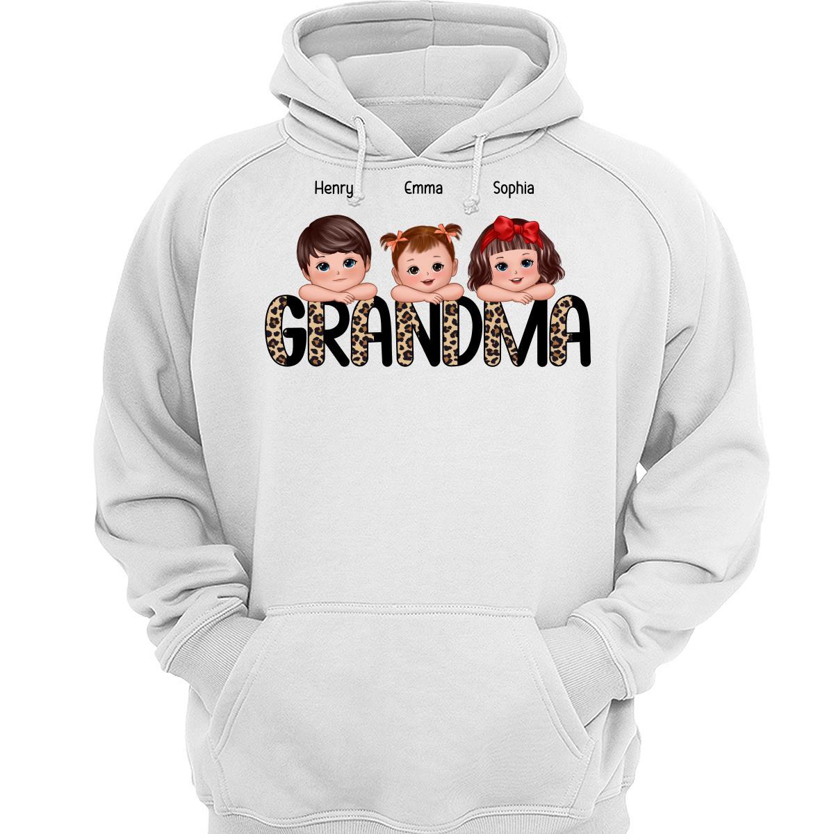 Half Leopard Grandma Cute Grandkids Laying Head On Arms Personalized Shirt