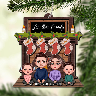 Whole Family Sitting At Christmas Fireplace Personalized 2-Layer Wooden Ornament