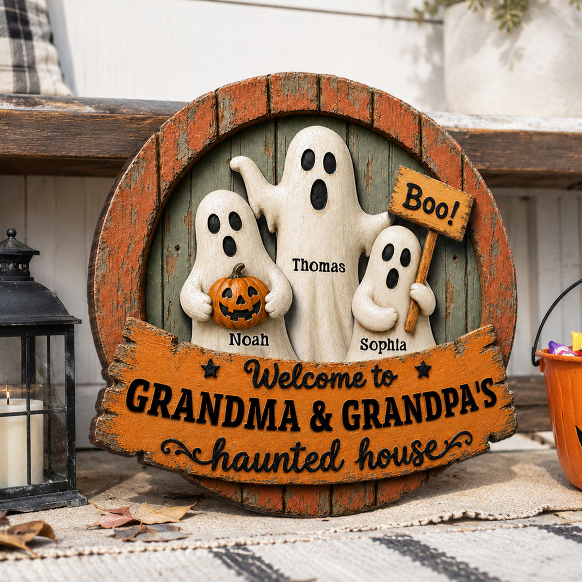 Welcome to Grandma Grandpa's Haunted House - Personalized Door Hanger - Halloween Decor for Grandparents