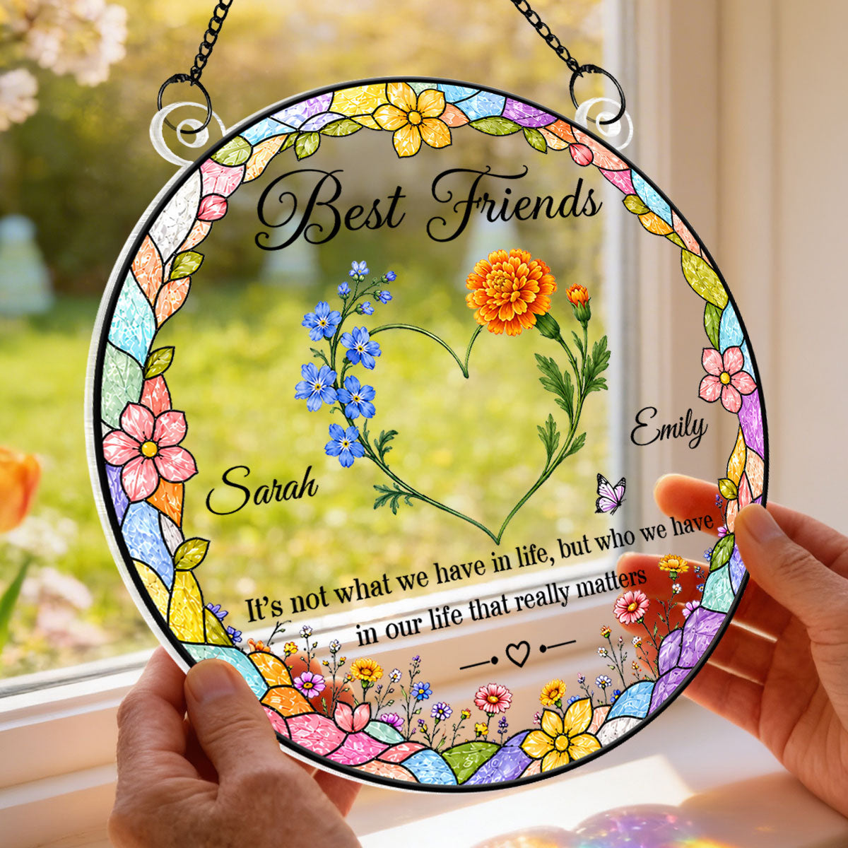 Best Friends Birth Month Flowers Heart Shaped - Personalized Acrylic Window Hanging - Friendship Gift for Besties