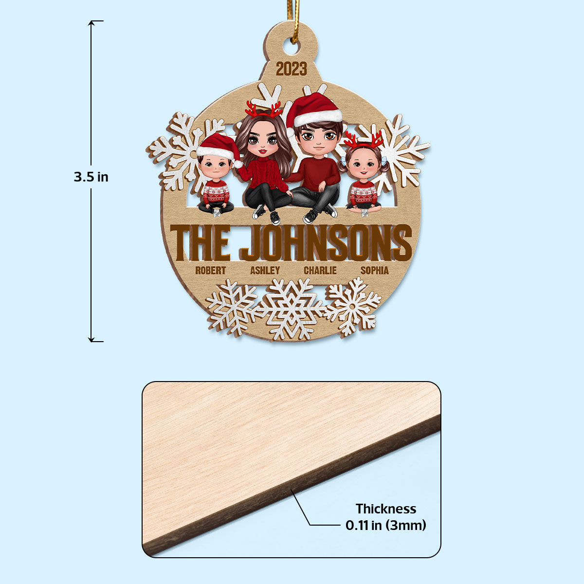 Snowflake Family Sitting Personalized Wooden Ornament