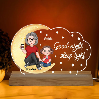 Cute Grandma Grandkid Sitting On Moon Cloud Stars Goodnight Personalized Acrylic Plaque With LED Night Light
