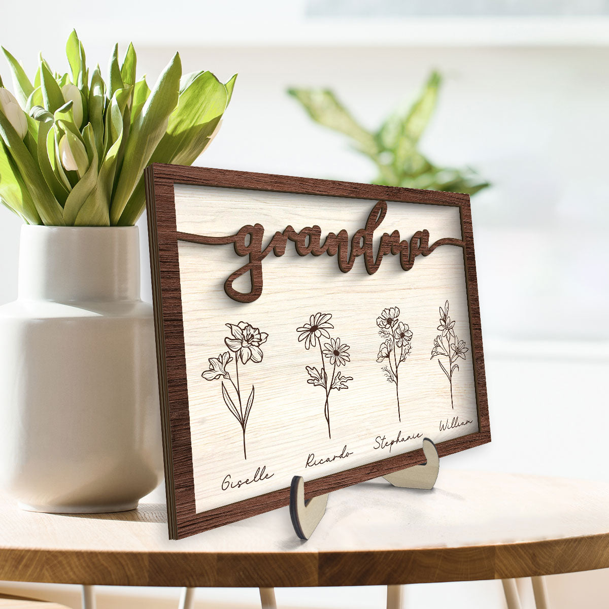 Rustic Grandma Flowers Personalized 2-Layer Wooden Plaque