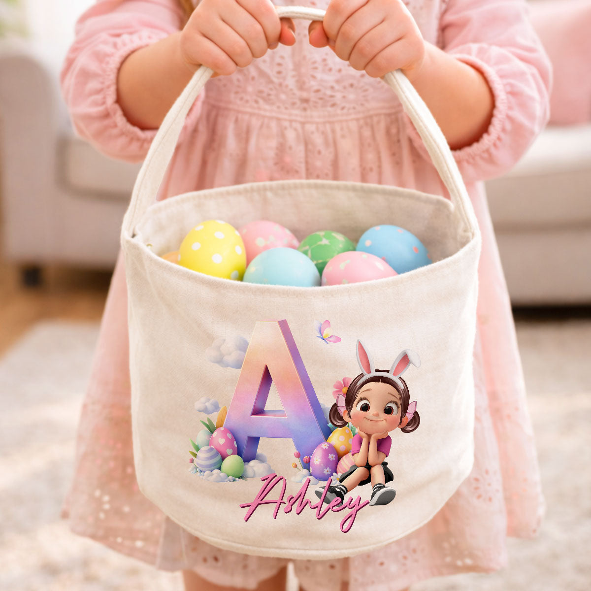 Kids Sitting With Initial Letters Easter Egg Hunt Bag - Personalized Bucket Bag - Gift For Kids, Grandkids, Easter Gift