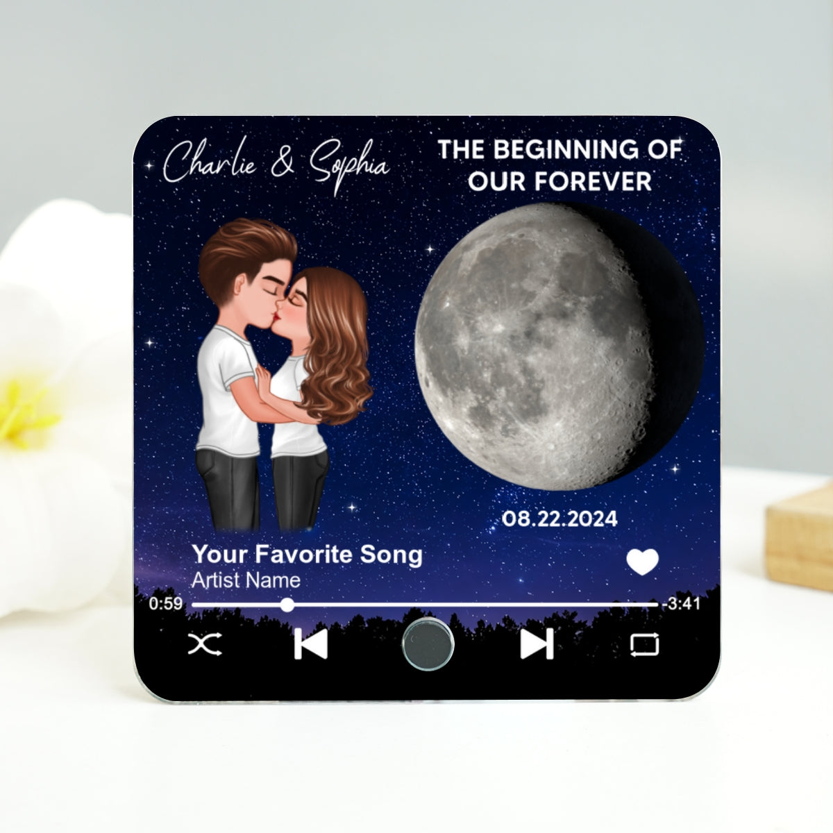 Couple Hugging Kissing Custom Moon Phases The Day We Met Personalized Music Fridge Magnet, Heartfelt Gift For Couple, For Him, For Her, Boyfriend, Girlfriend, Husband, Wife