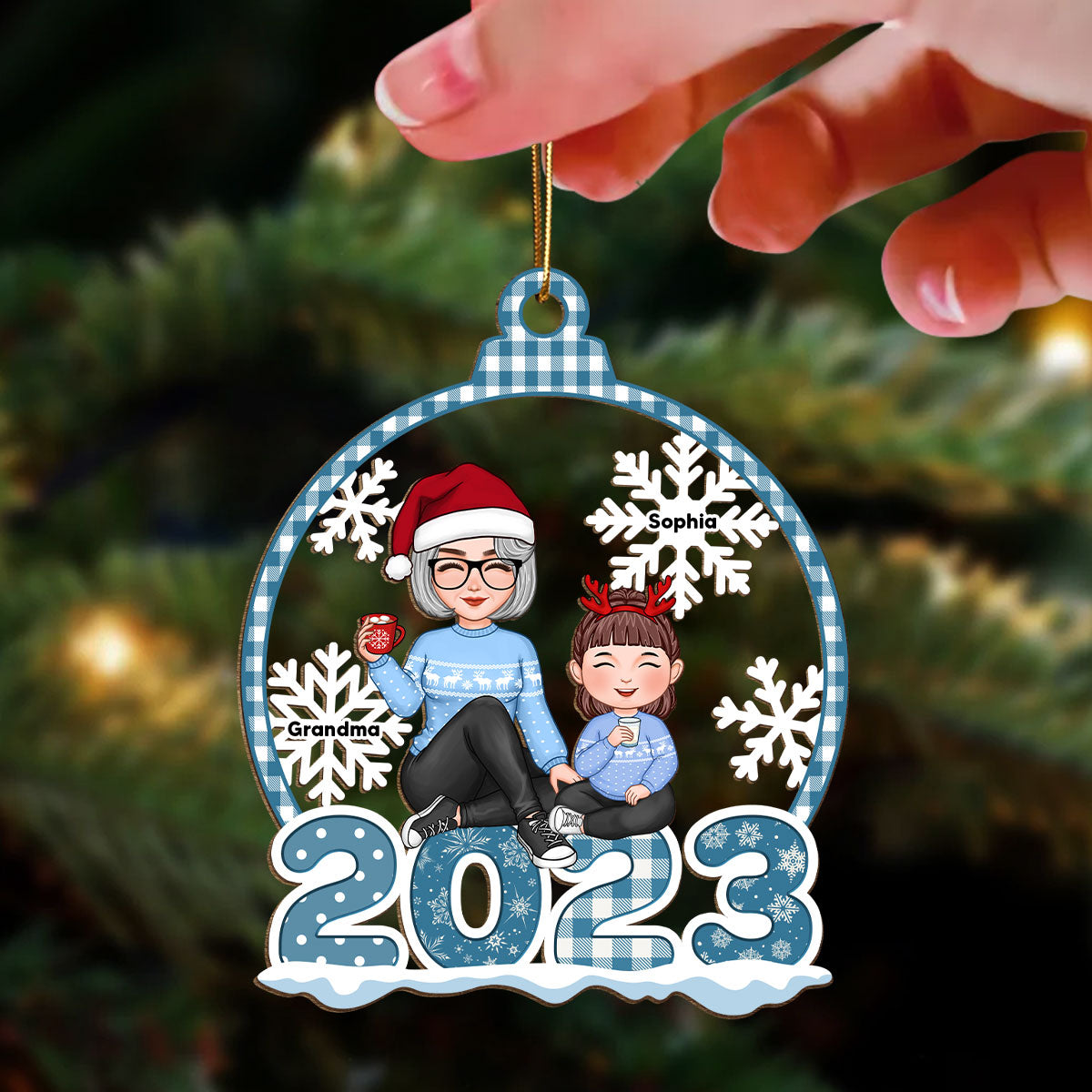Blue Pattern Snowflake Cute Grandma Grandkids Sitting On 2023 Personalized Wooden Ornament