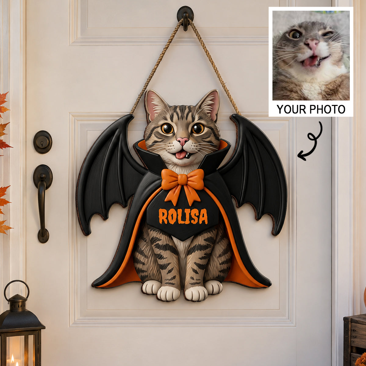Custom Dog Cat Vampire - Personalized Door Hanger Sign - Spooky Rustic Halloween Porch Decoration